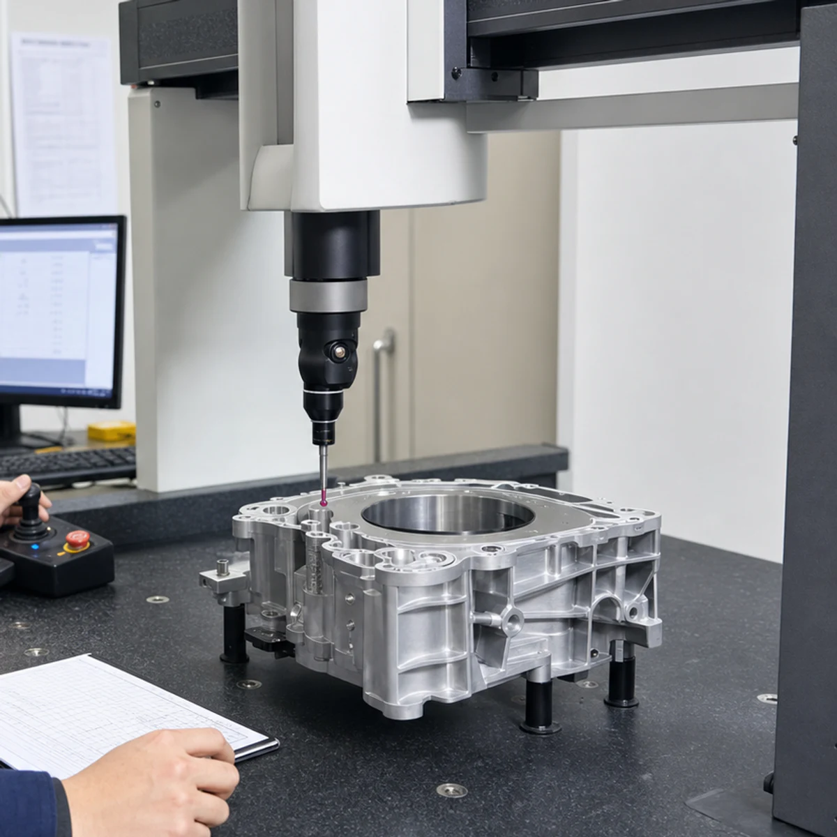 Coordinate measuring machine inspecting a machined component